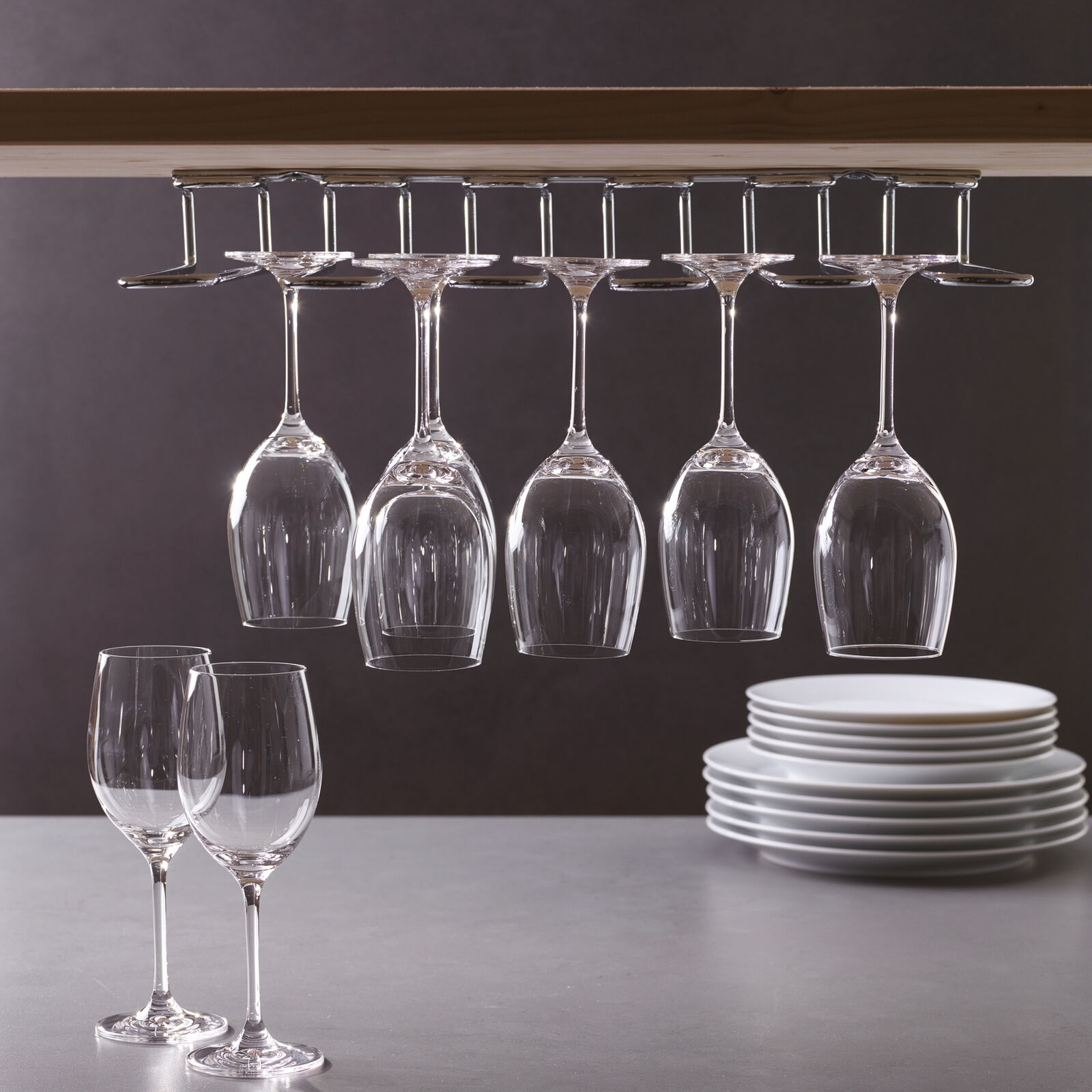 Porta Bicchieri Da Vino Sospeso In Ghisa Nero: 3 File, 35 Cm, Sottopensile Per 9-12 Calici, Facile Da Montare